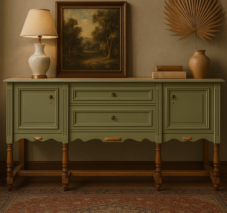 میز کنسول کلاسیک سبز آووکادویی با پایه خراطی چوبی مناسب دکوراسیون لوکس منزل